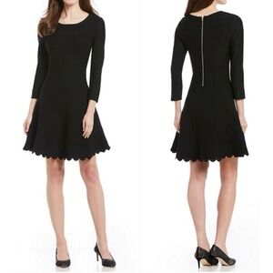 Antonio Melani Black Scallop Hem Fit & Flare Knit Dress Sz L Floral Texture